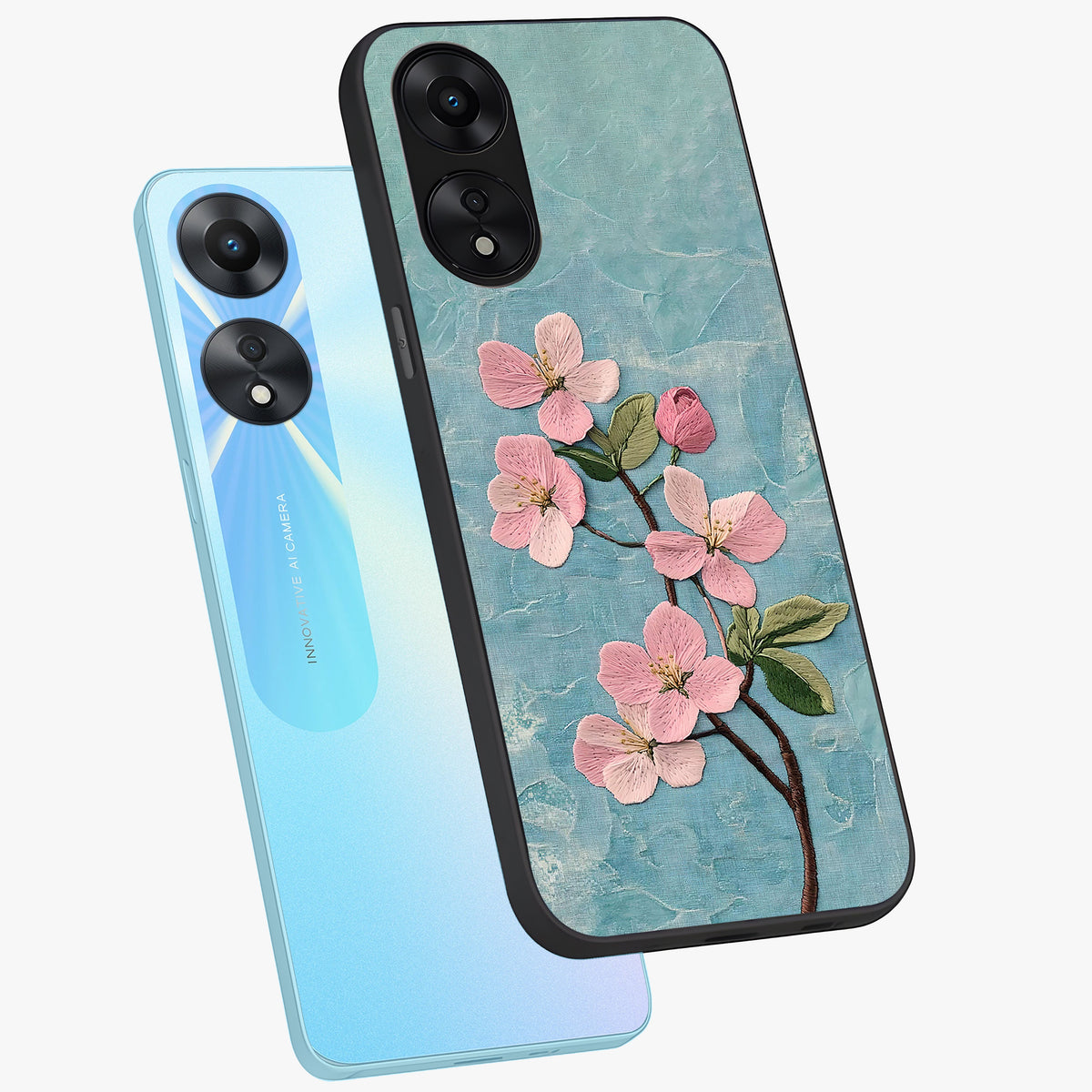 Threaded Blossom Breeze Glass Case displayed in angled mockup highlighting elegant floral design with soft aesthetic style.