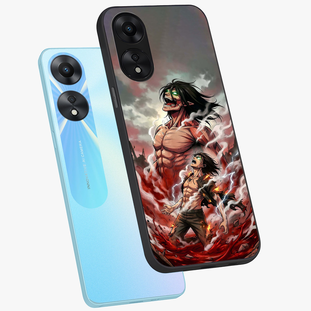 Titan Awakening Fury Glass Case displayed in angled mockup highlighting dramatic giant warrior design with bold anime aesthetic.