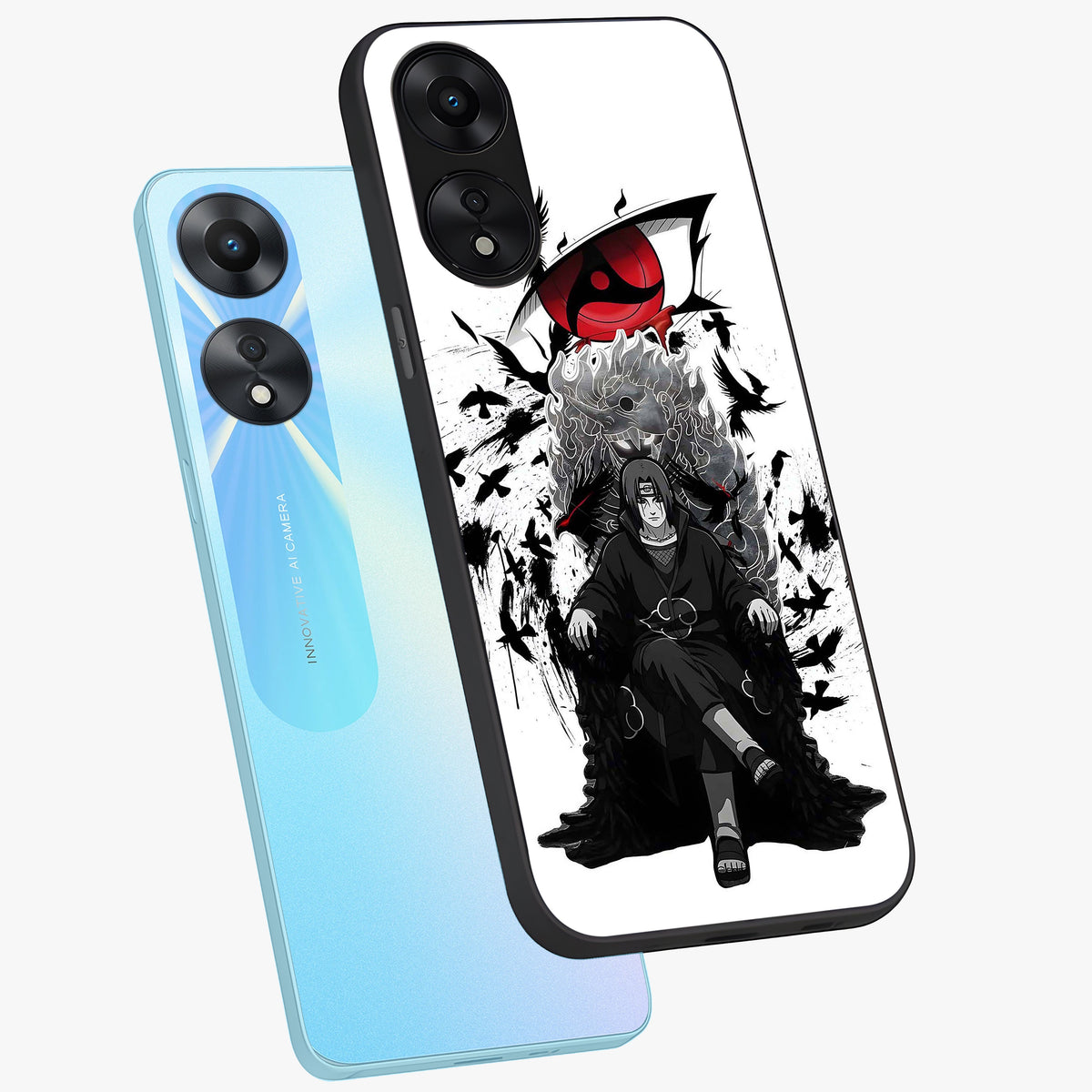 Uchiha Shadow Throne Glass Case displayed in angled mockup highlighting glowing aquatic design with celestial aesthetic.