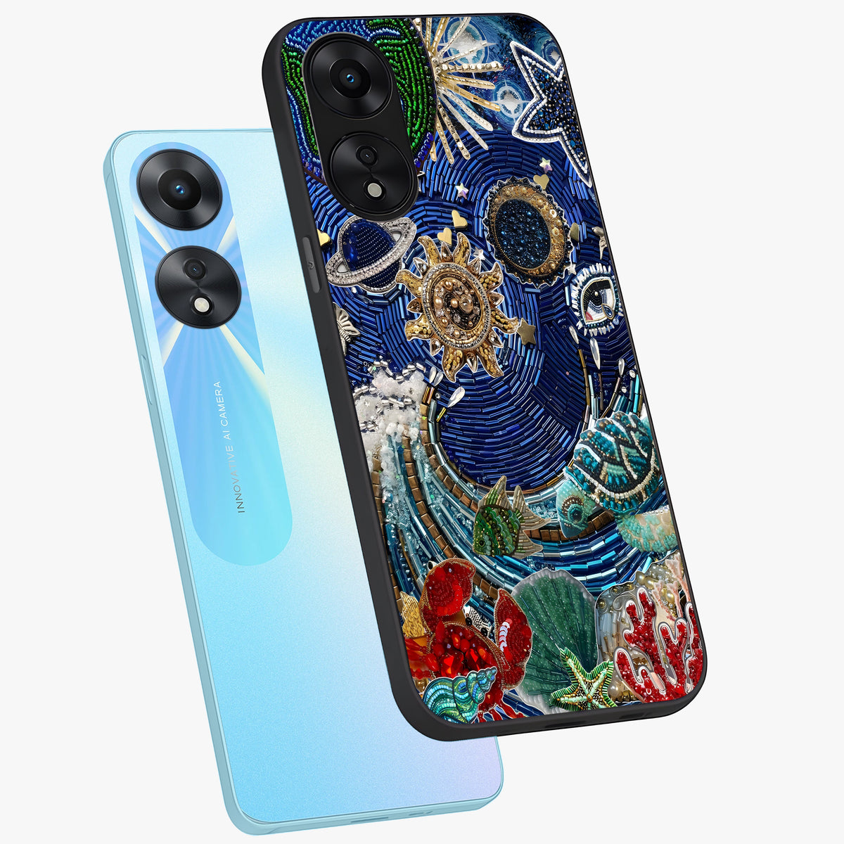 Universe Underwater Spark Glass Case displayed in angled mockup highlighting glowing aquatic design with celestial aesthetic.
