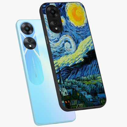 Van Gogh Art Glass Case displayed in angled mockup highlighting swirling brushstroke design with artistic aesthetic.