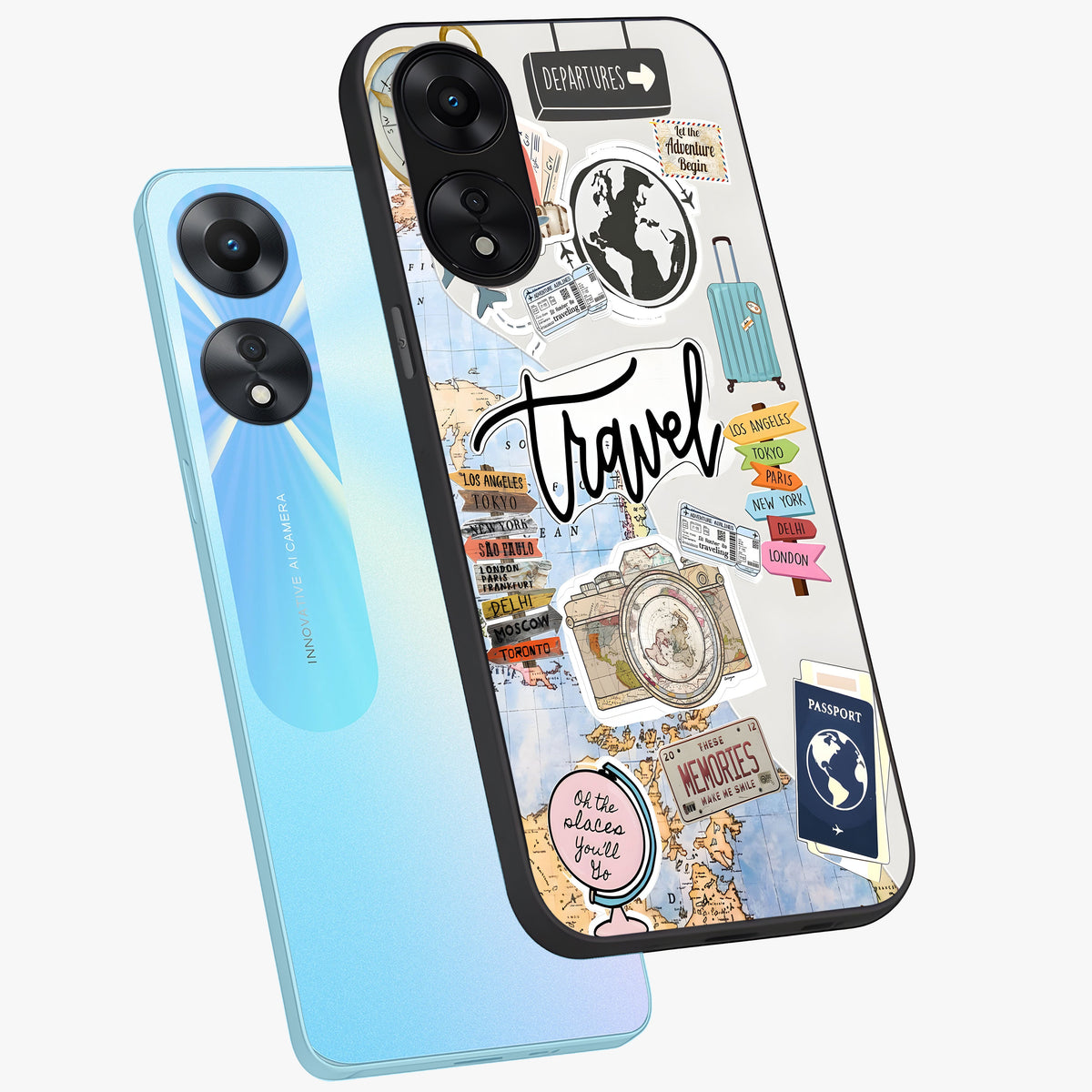 Wanderlust Journal Glass Case displayed in angled mockup highlighting adventure themed design with aesthetic travel vibe.