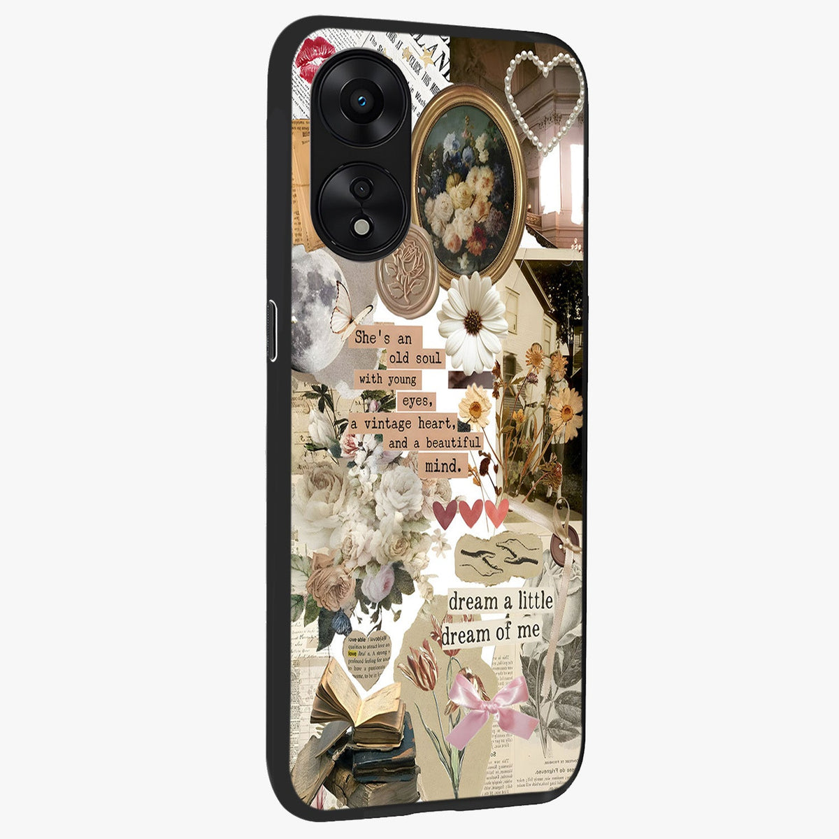 Aesthetic Brown Vintage Collage Glass Case upright view showcasing nostalgic retro artwork with stylish vintage theme.
