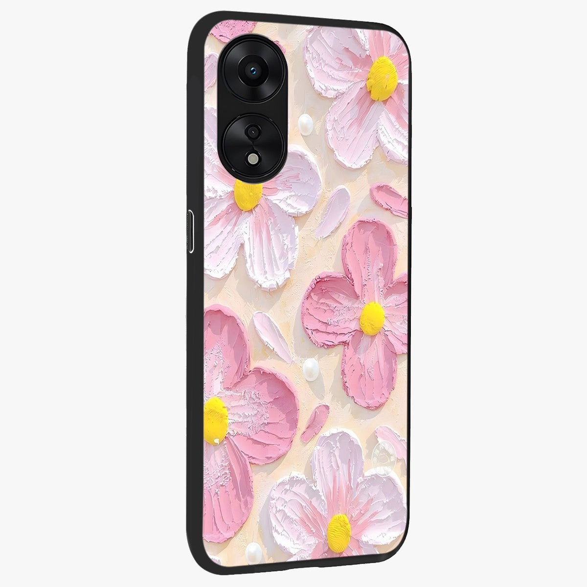 Blush Bloom Texture Glass Case upright view showcasing delicate blush floral texture with modern minimal style.