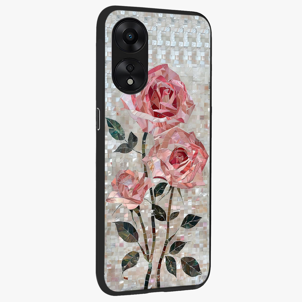 Blush Mosaic Bloom Glass Case upright view showcasing decorative floral mosaic artwork with stylish modern aesthetic.
