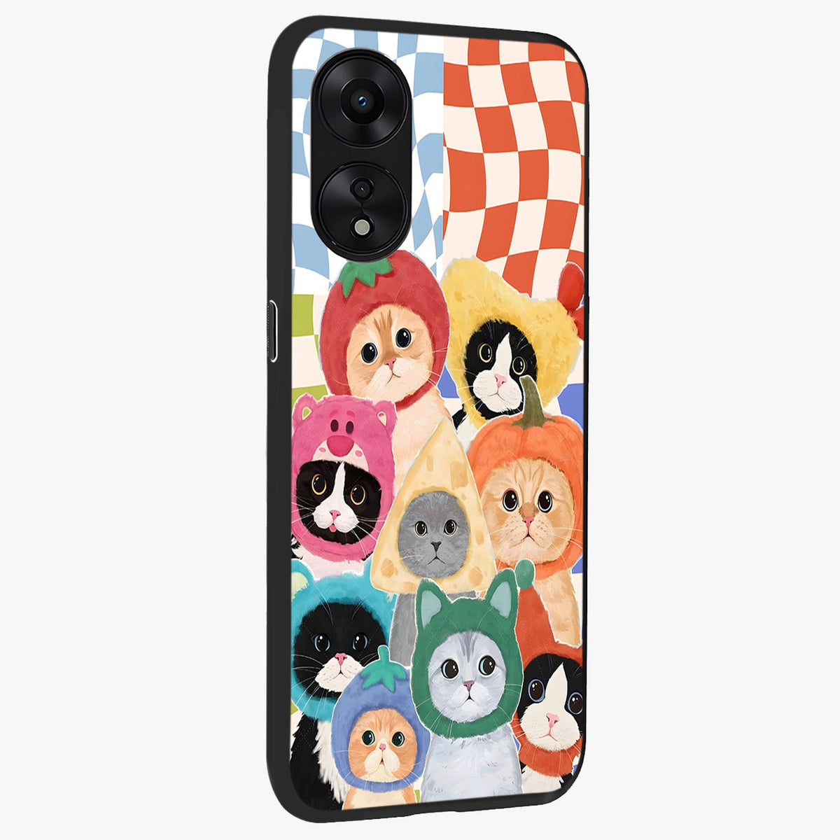 Cats in Fruits Glass Case upright view showcasing charming cat artwork with fun fruity theme.