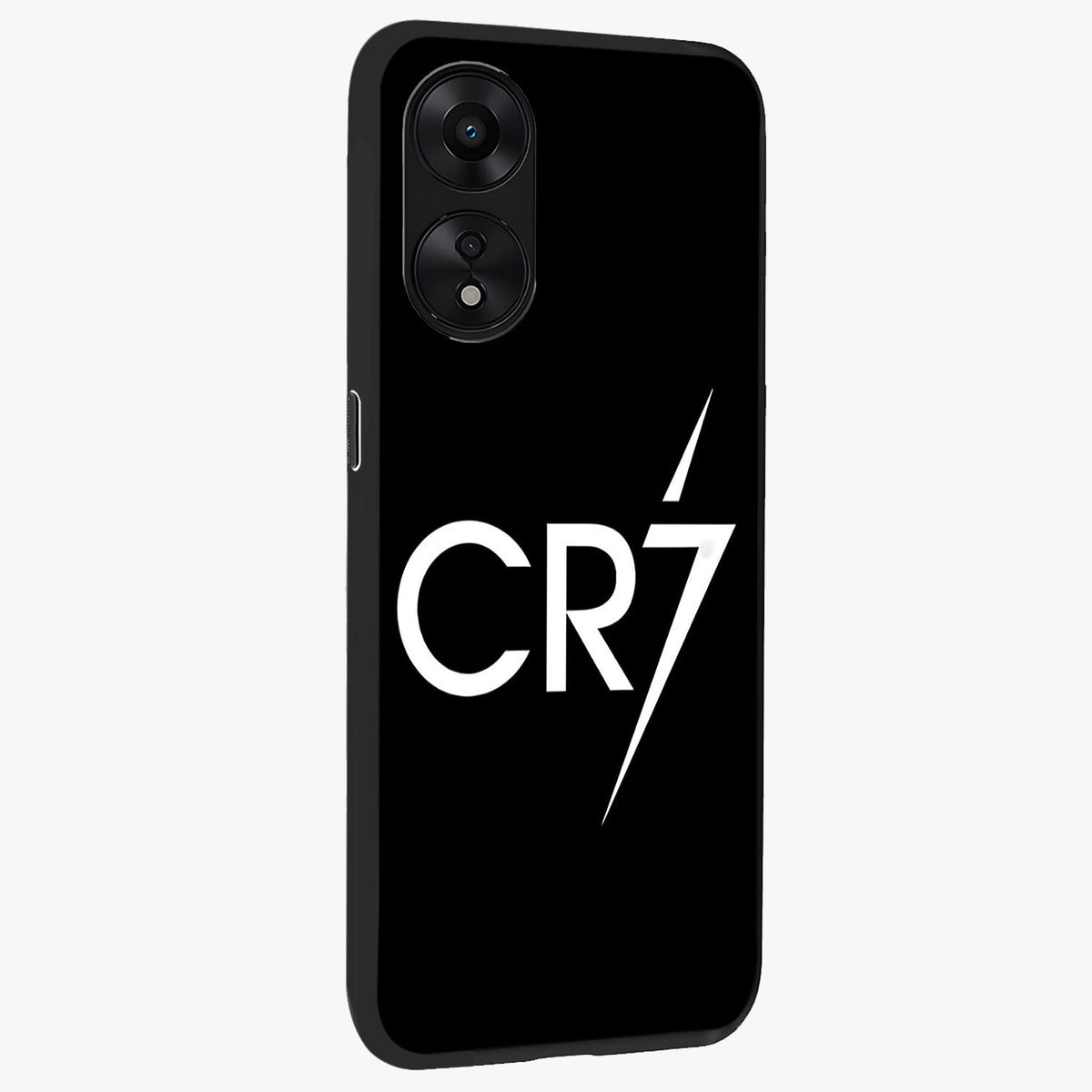 Cr7 Elite Strike Glass Case upright view showcasing energetic football inspired design with modern sports aesthetic.