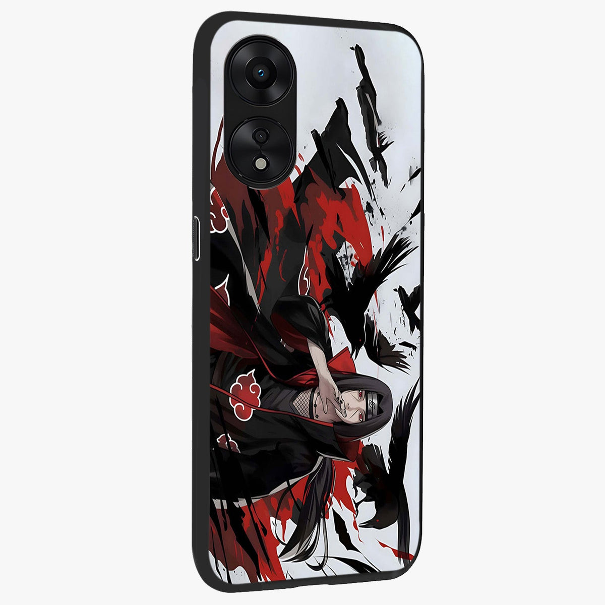 Crimson Crow Illusion Glass Case upright view showcasing striking crow illusion artwork with intense crimson theme.