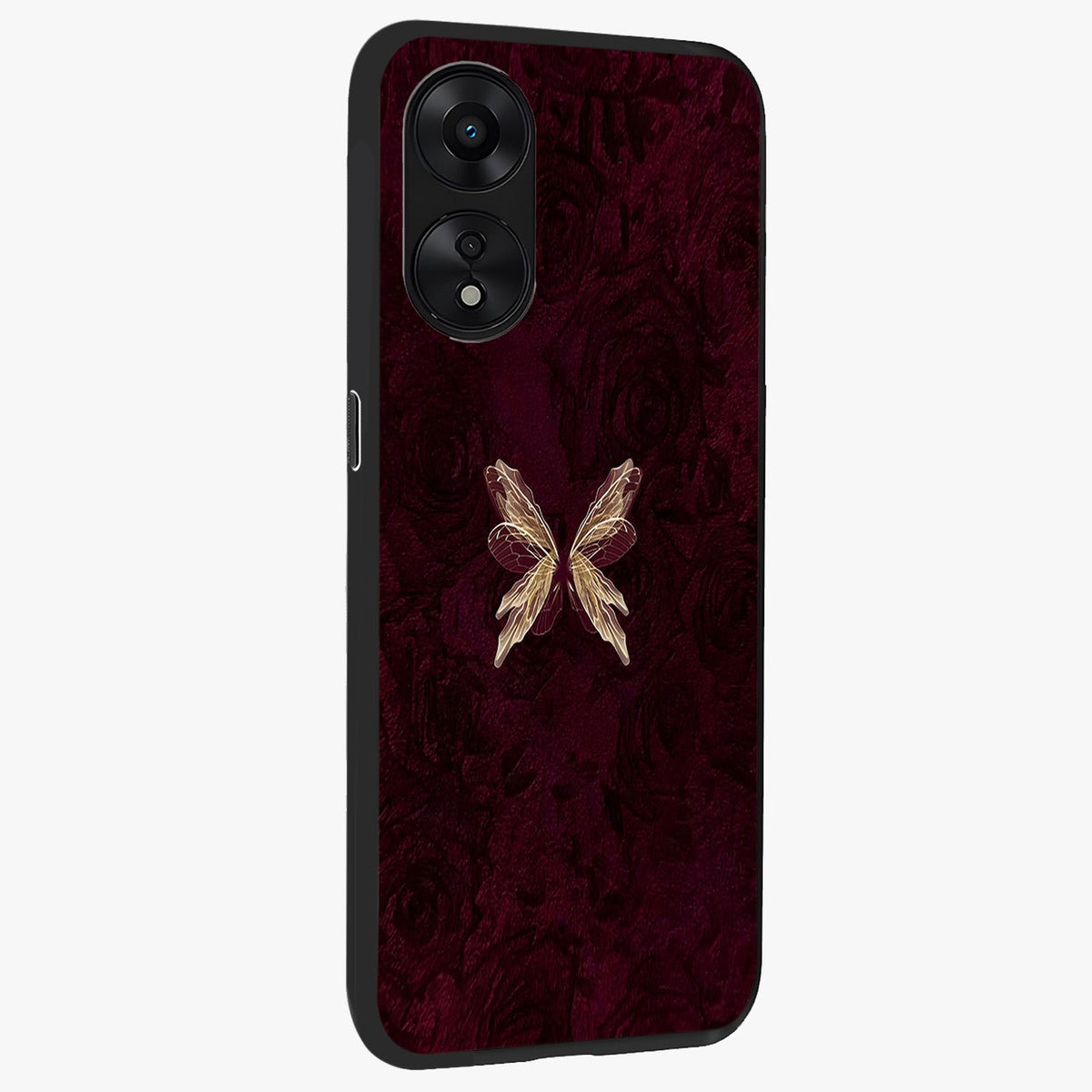 Crimson Fade Butterfly Glass Case upright view showcasing graceful butterfly artwork with soft crimson fade effect.