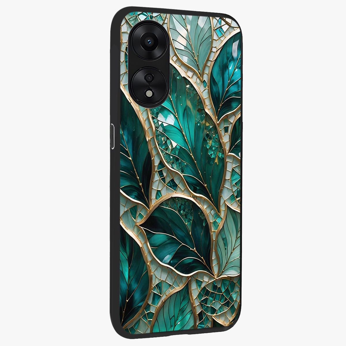 Emerald Leaf Glass Glass Case upright view showcasing fresh green leaf artwork with calming nature inspired style.