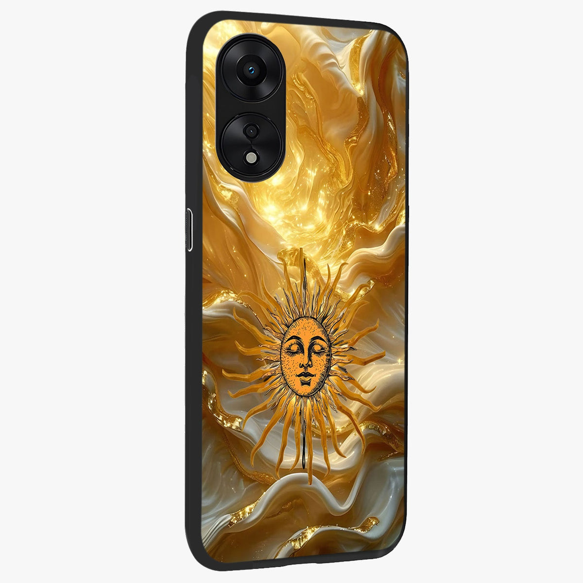 Eternal Golden Glow Glass Case upright view showcasing luminous golden artwork with luxurious visual theme.