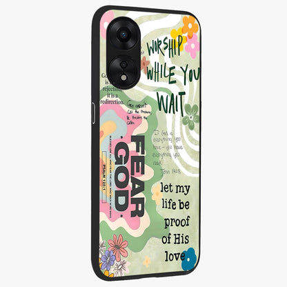 Faith Over Fear Glass Case upright view showcasing bold typography artwork with uplifting motivational theme.