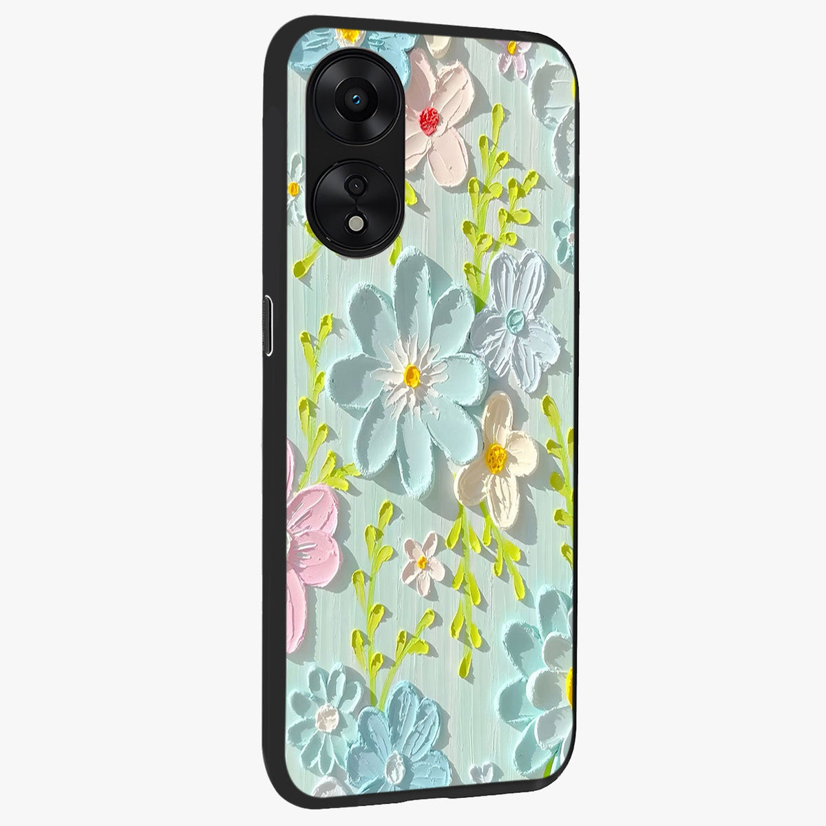 Frosted Petal Garden Glass Case upright view showcasing elegant floral garden artwork with soothing pastel theme.