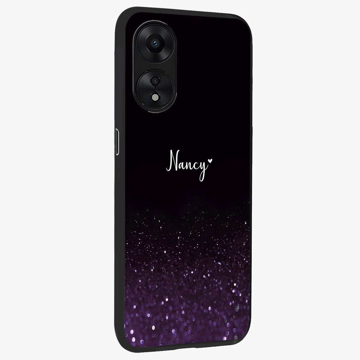 Glittery Purple Bokeh Custom Name Glass Case upright view showcasing vibrant purple sparkle artwork with personalized aesthetic style.