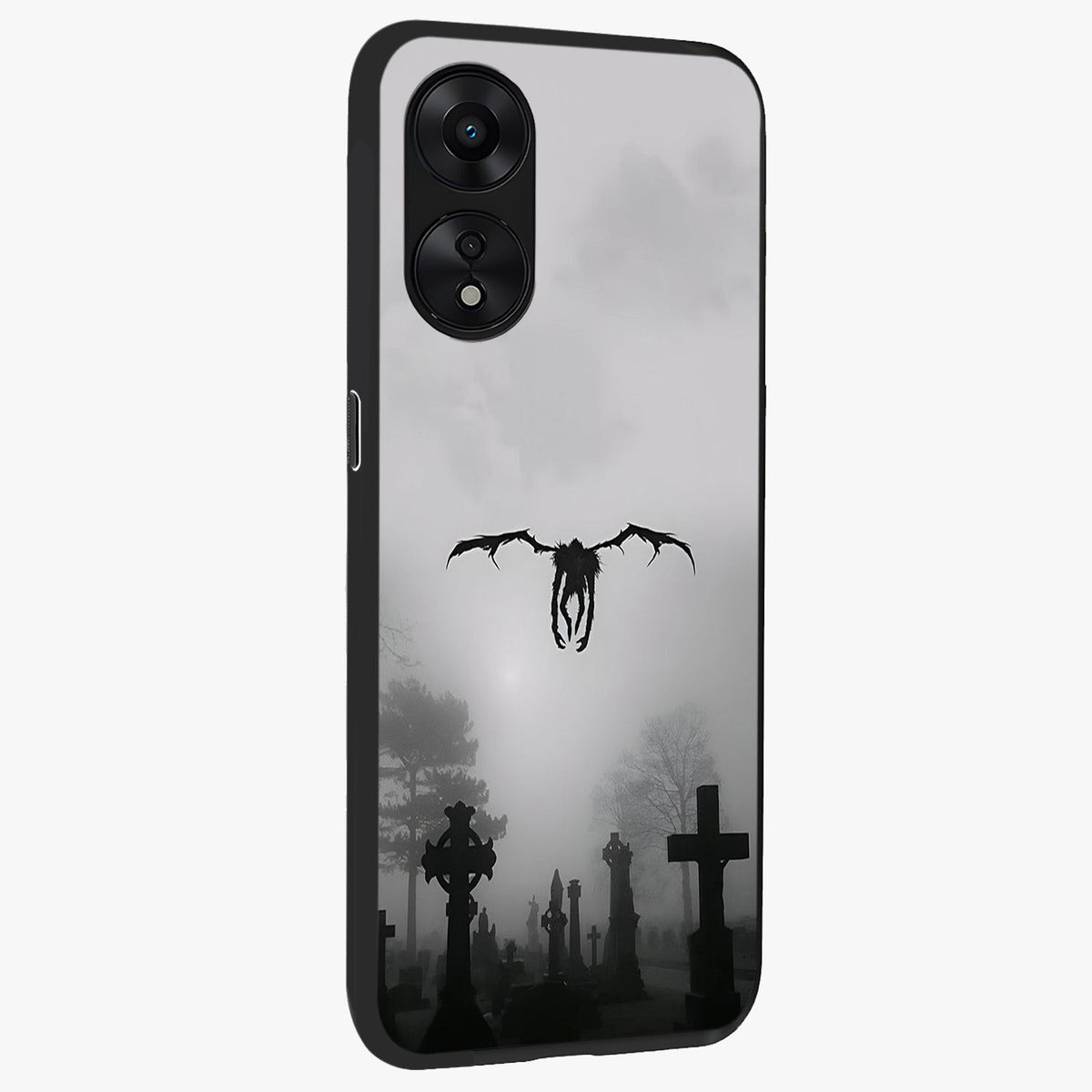 Graveyard Shadow Descent Glass Case upright view showcasing haunting graveyard artwork with dramatic dark theme.
