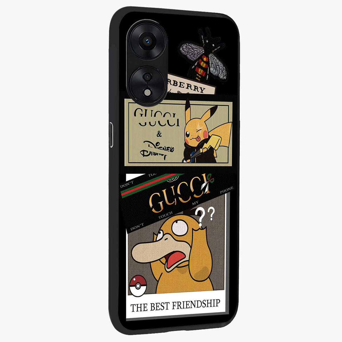 Gucci Play Mashup Glass Case upright view showcasing trendy luxury inspired artwork with modern fashion theme.