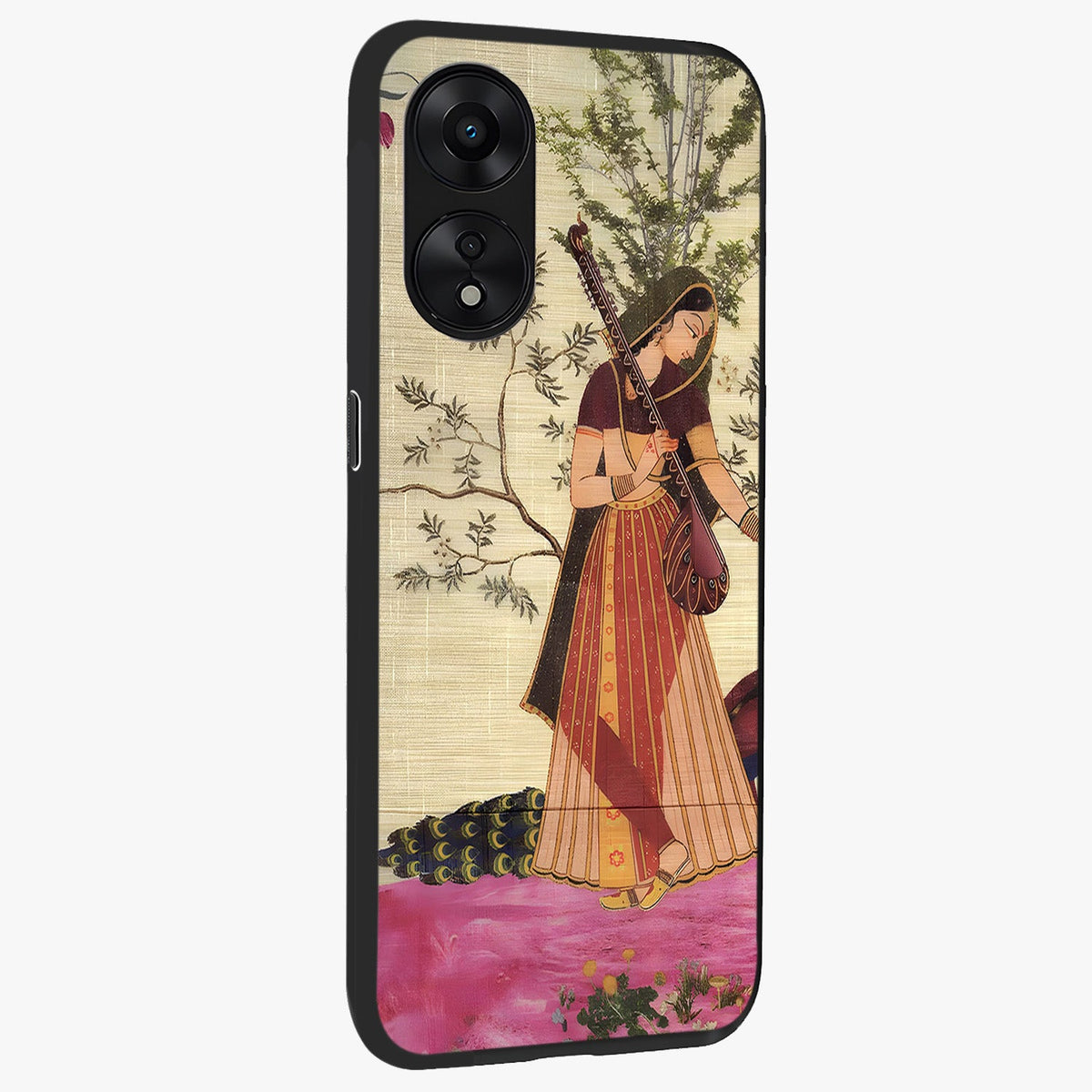 Lady With Veena Art Glass Case upright view showcasing classical veena artwork with traditional artistic theme.