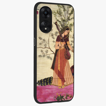 Lady With Veena Art Glass Case upright view showcasing classical veena artwork with traditional artistic theme.