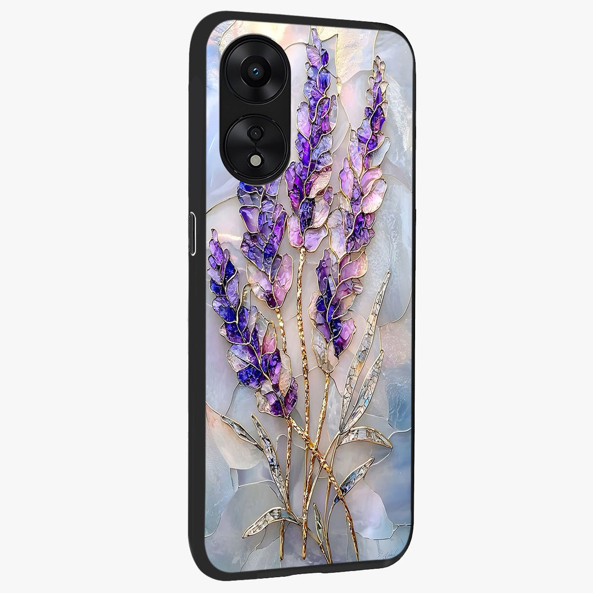 Lavender Dream Glow Glass Case upright view showcasing radiant lavender glow artwork with calming dreamy theme.