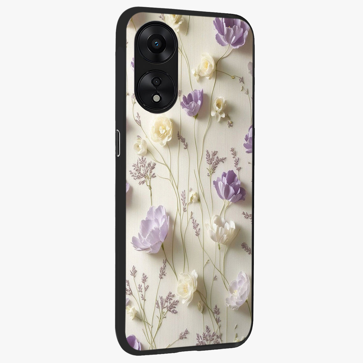 Lilac Breeze Harmony Glass Case upright view showcasing delicate lilac artwork with peaceful floral theme.