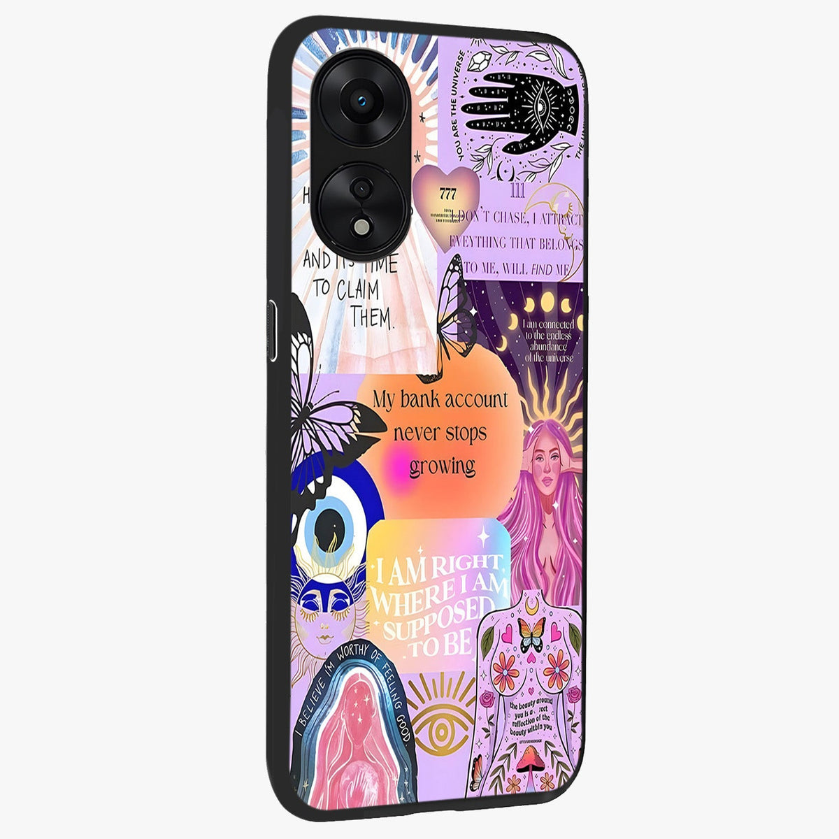 Manifestation Collage Glass Case upright view showcasing artistic manifestation themed artwork with creative style.