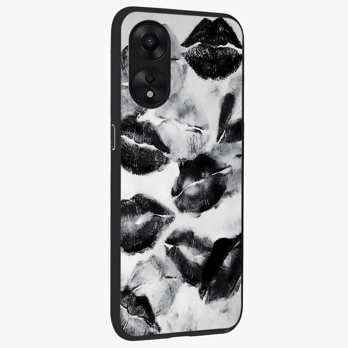 Midnight Kiss Marks Glass Case upright view showcasing stylish kiss mark artwork with trendy romantic theme.