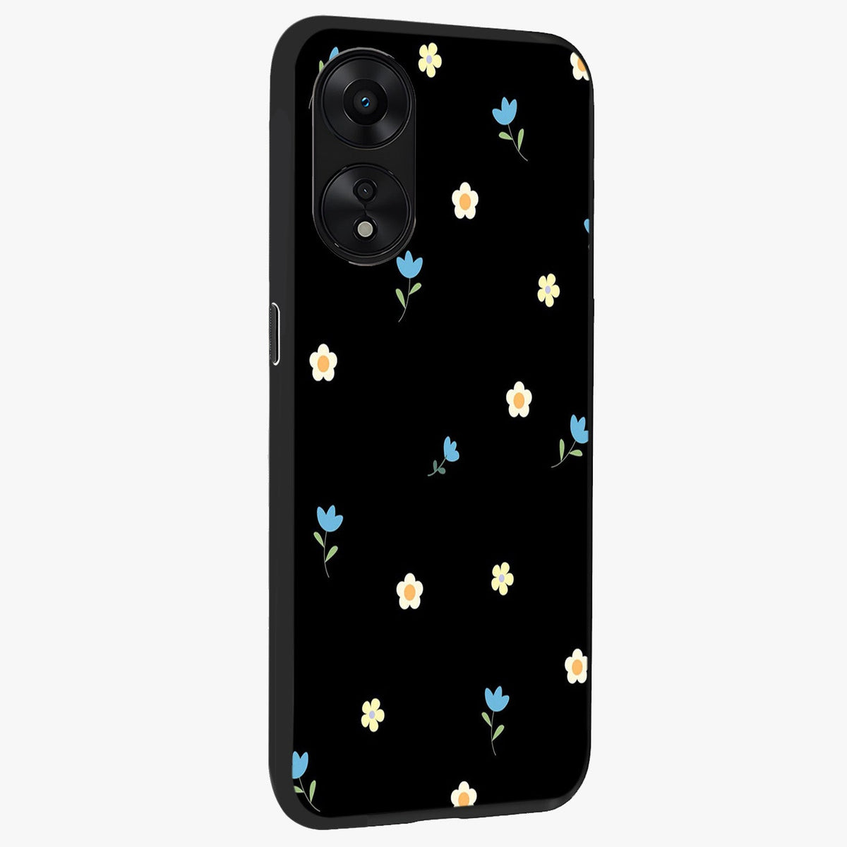 Minimal Petal Whispers Glass Case upright view showcasing elegant floral artwork with modern minimalist style.