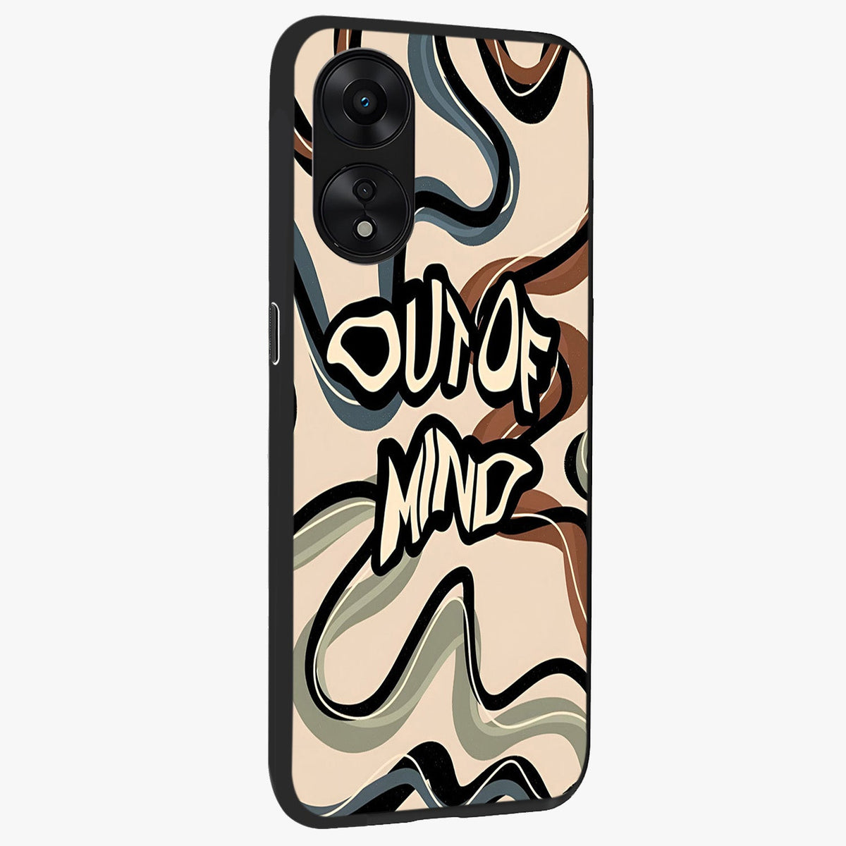 Out Of Mind Glass Case upright view showcasing striking typography artwork with edgy conceptual theme.