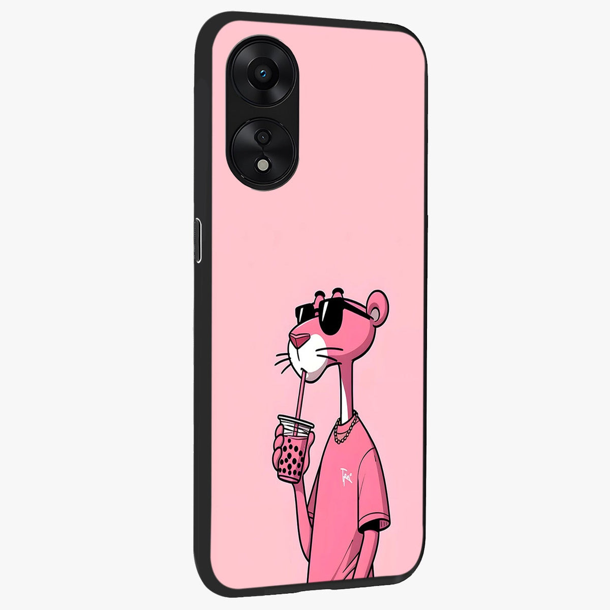Pink Panther Glass Case upright view showcasing fun animated artwork with stylish retro cartoon theme.