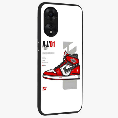 Retro Sneaker Blueprint Glass Case upright view showcasing stylish sneaker illustration with vintage streetwear theme.