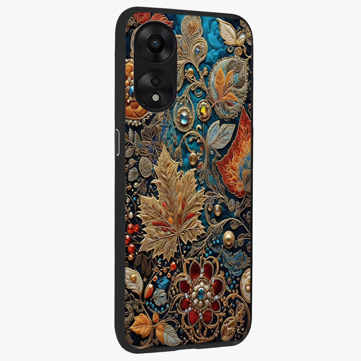 Royal Jewel Garden Glass Case upright view showcasing rich floral artwork with luxurious garden theme.