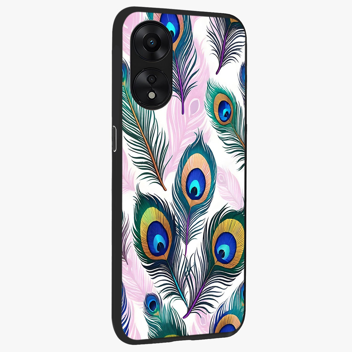 Royal Peacock Feathers Glass Case upright view showcasing elegant peacock feather artwork with decorative royal theme.