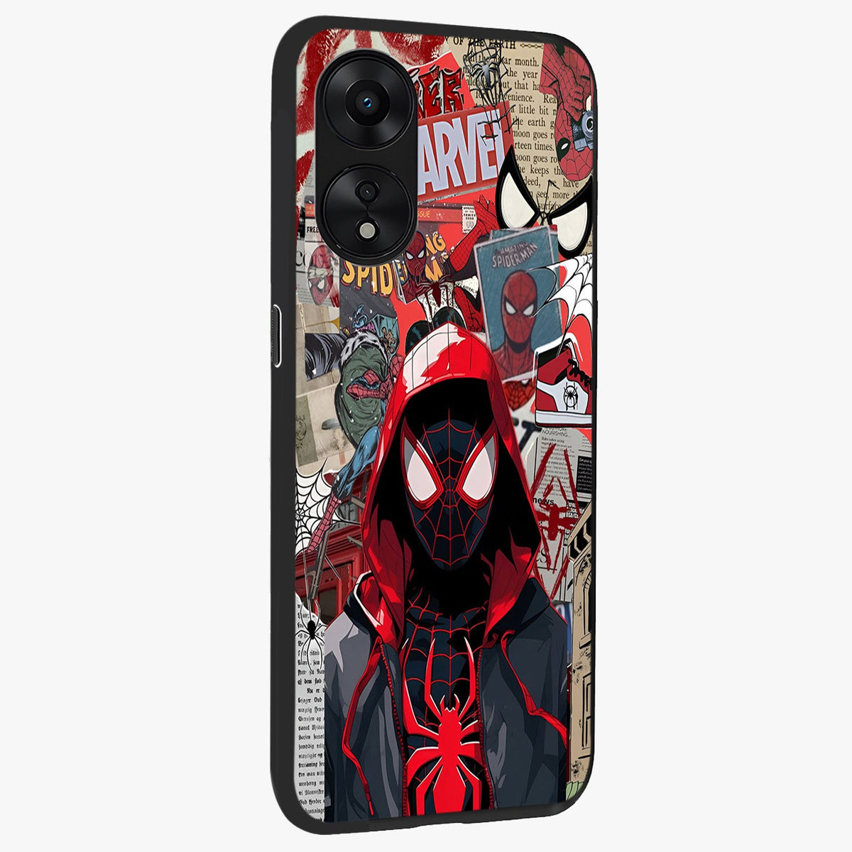 Spider Collage Street Glass Case upright view showcasing bold superhero artwork with urban street theme.