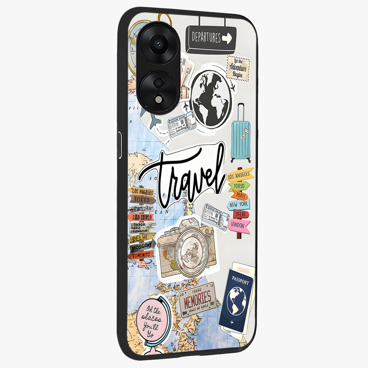 Wanderlust Journal Glass Case upright view showcasing wanderlust inspired artwork with creative exploration theme.