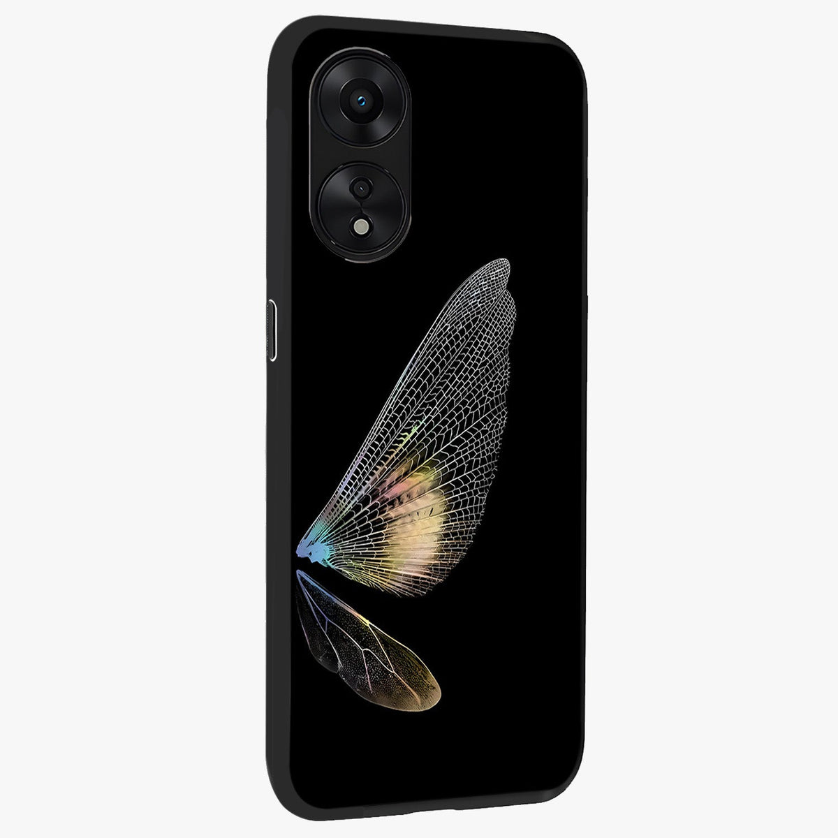 Whispers Of Wings Glass Case upright view showcasing elegant wing artwork with light airy theme.
