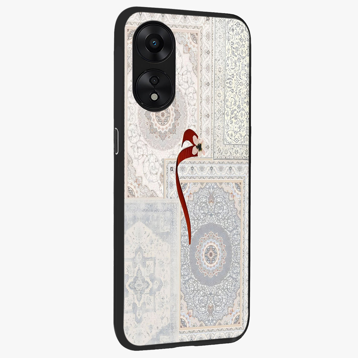 White Aesthetic Bow Glass Case upright view showcasing delicate ribbon bow artwork with cute minimalist theme.
