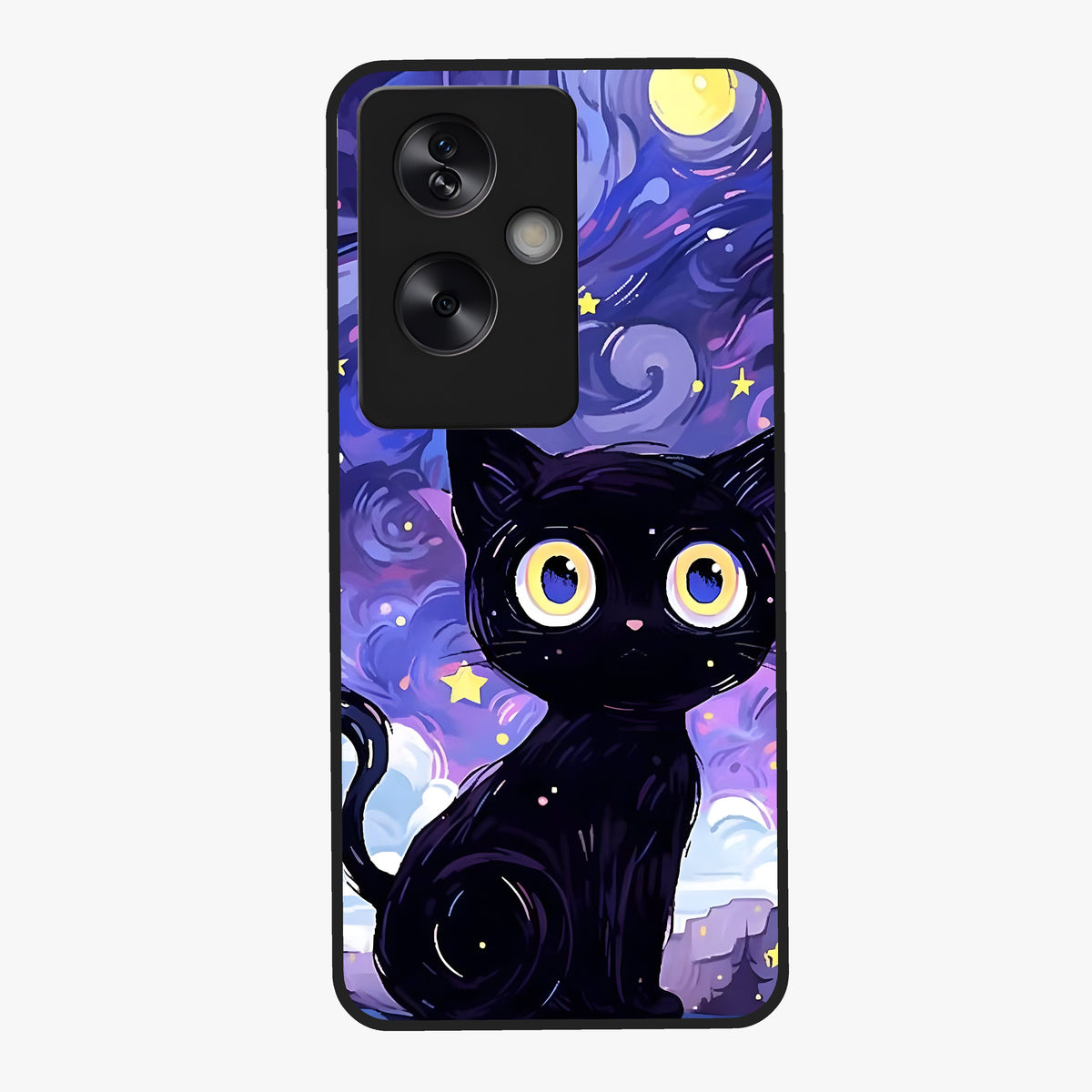 Abstract Cat Art Glass Case showing flat back view with artistic cat illustration and glossy glass finish.
