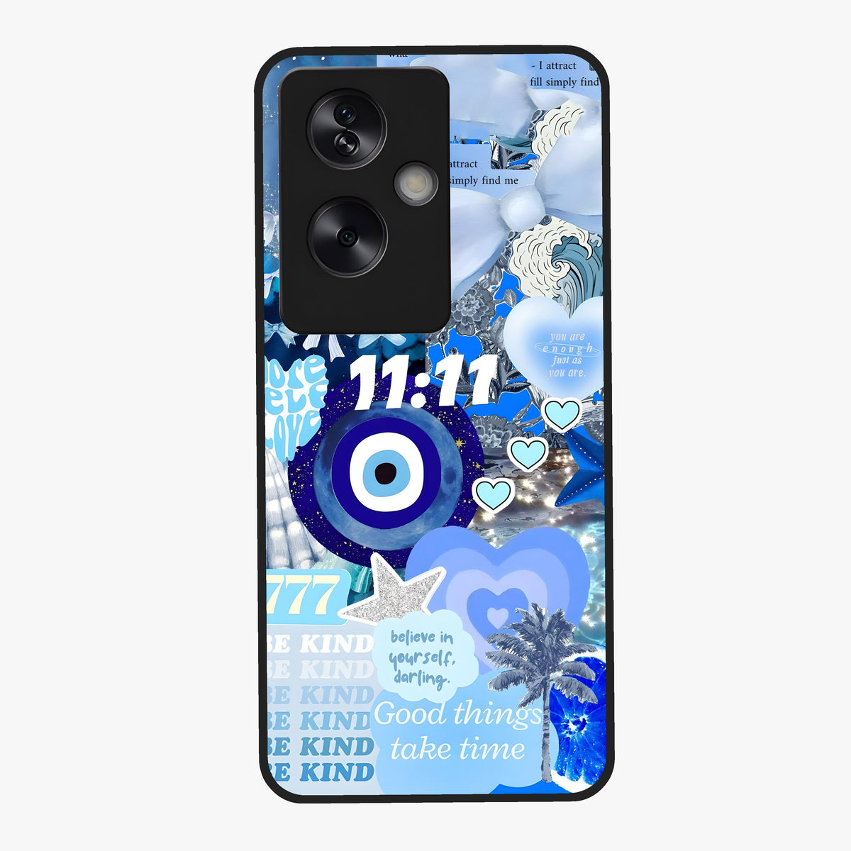 Aesthetic Be Kind Eye Glass Case showing flat back view with motivational eye artwork and glossy glass finish.