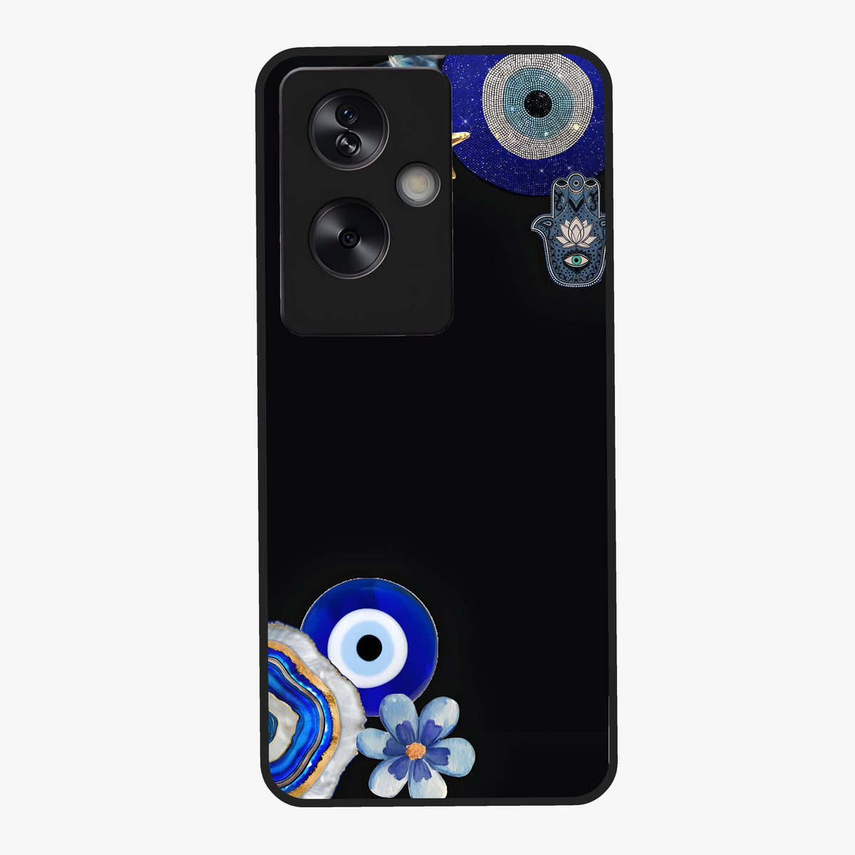 Aesthetic Blue Evil Eye Glass Case showing flat back view with protective evil eye artwork and glossy glass finish.