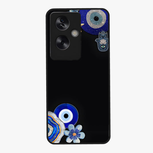 Aesthetic Blue Evil Eye Glass Case showing flat back view with protective evil eye artwork and glossy glass finish.