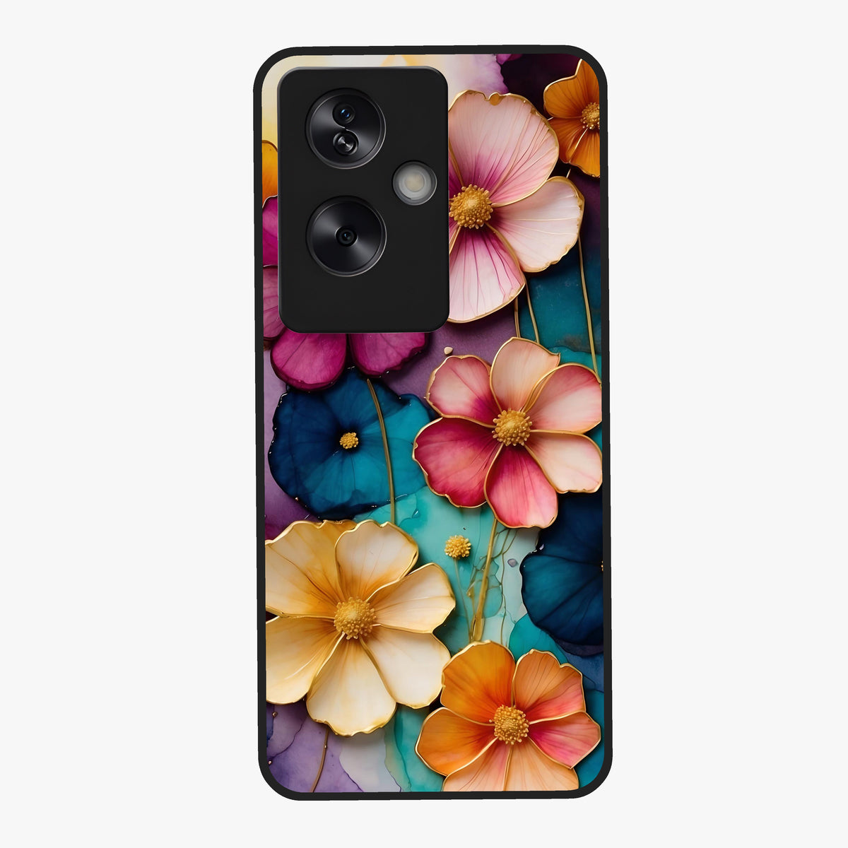 Artlyn Grace Flower Pattern Glass Case showing flat back view with elegant floral pattern artwork and glossy glass finish.