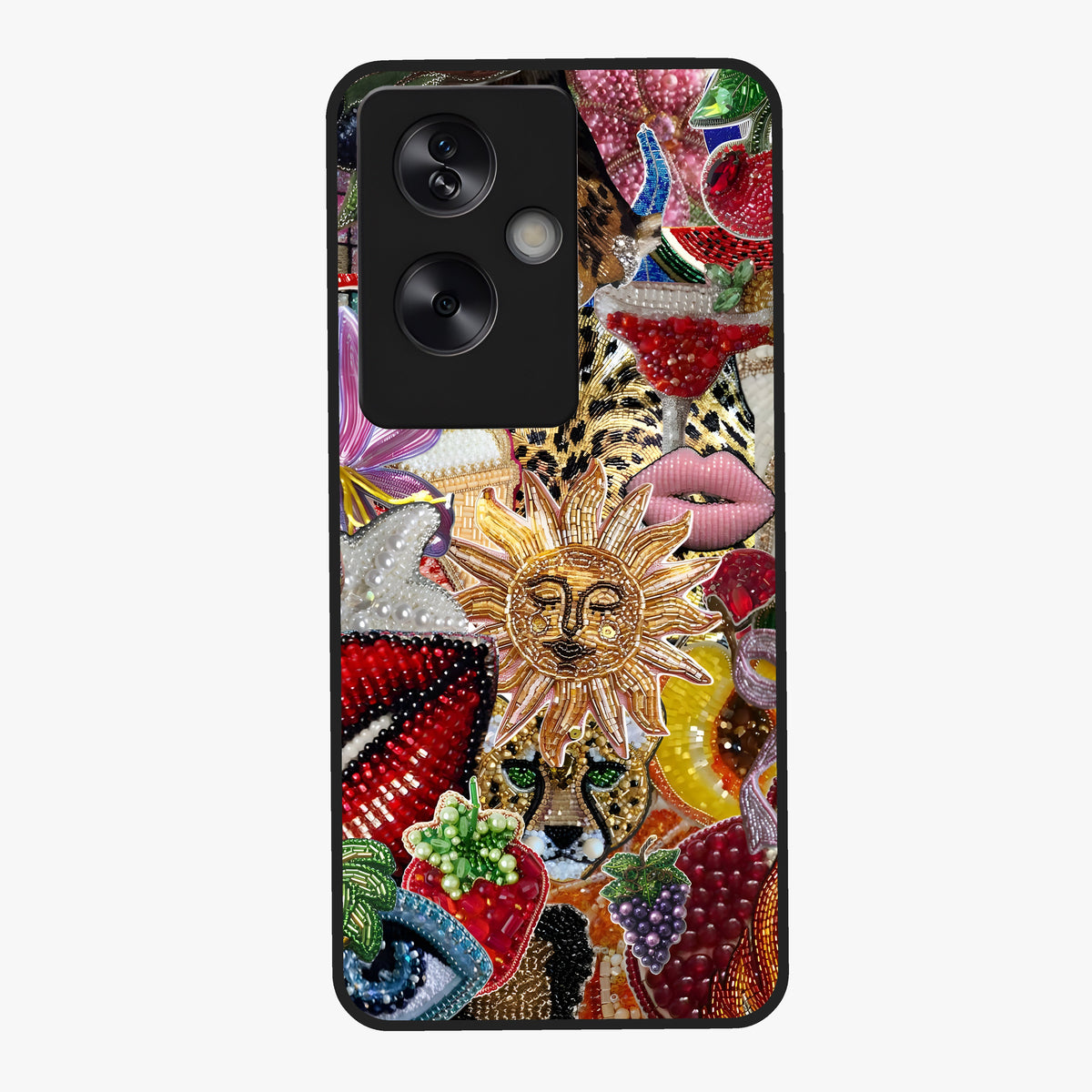 Beaded Fashion Jungle Glass Case showing flat back view with vibrant jungle inspired bead artwork and glossy glass finish.