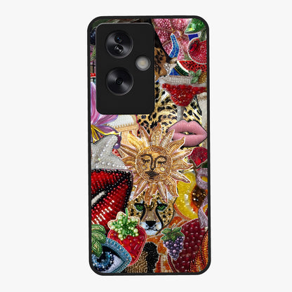 Beaded Fashion Jungle Glass Case showing flat back view with vibrant jungle inspired bead artwork and glossy glass finish.