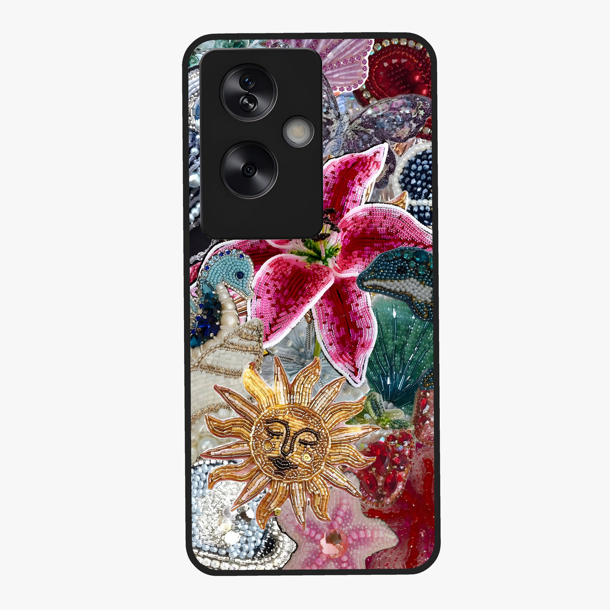 Beaded Garden Fantasy Glass Case showing flat back view with dreamy garden bead artwork and glossy glass finish.