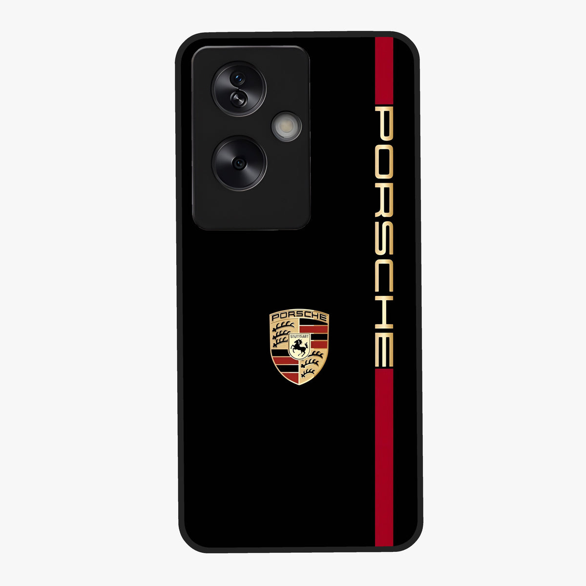 Black Minimal Porsche Glass Case showing flat back view with sleek minimal sports car artwork and glossy glass finish.
