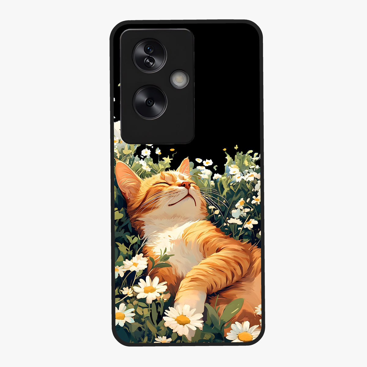 Blissful Bloom Cat Glass Case showing flat back view with cute cat and floral bloom artwork and glossy glass finish.