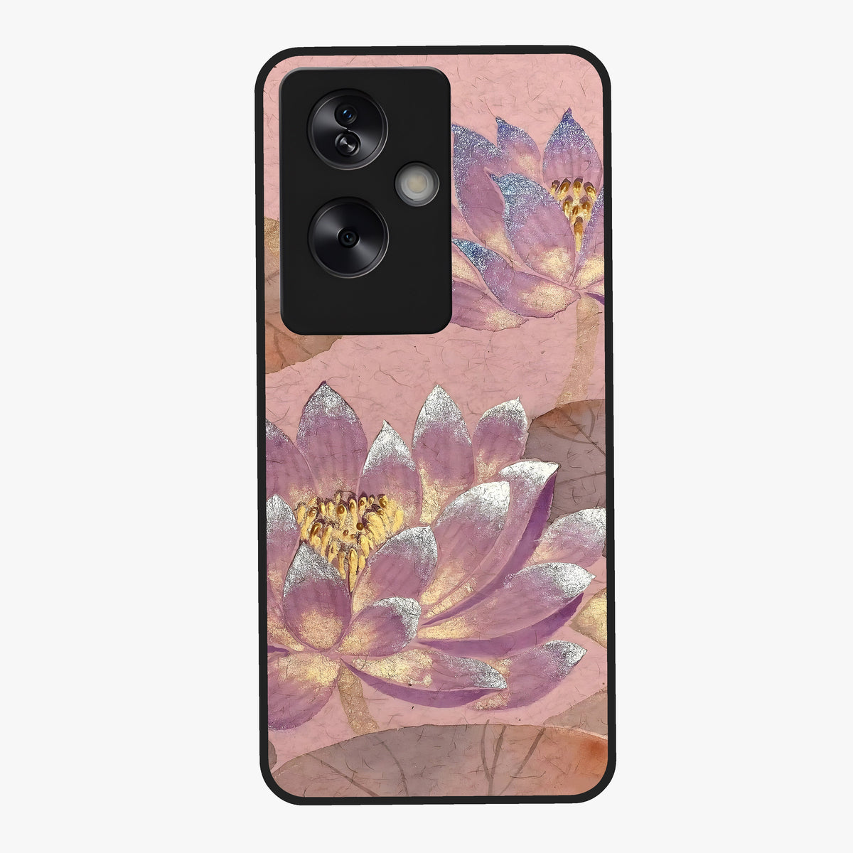 Blossom Mist Lotus Glass Case showing flat back view with serene lotus blossom artwork and glossy glass finish.