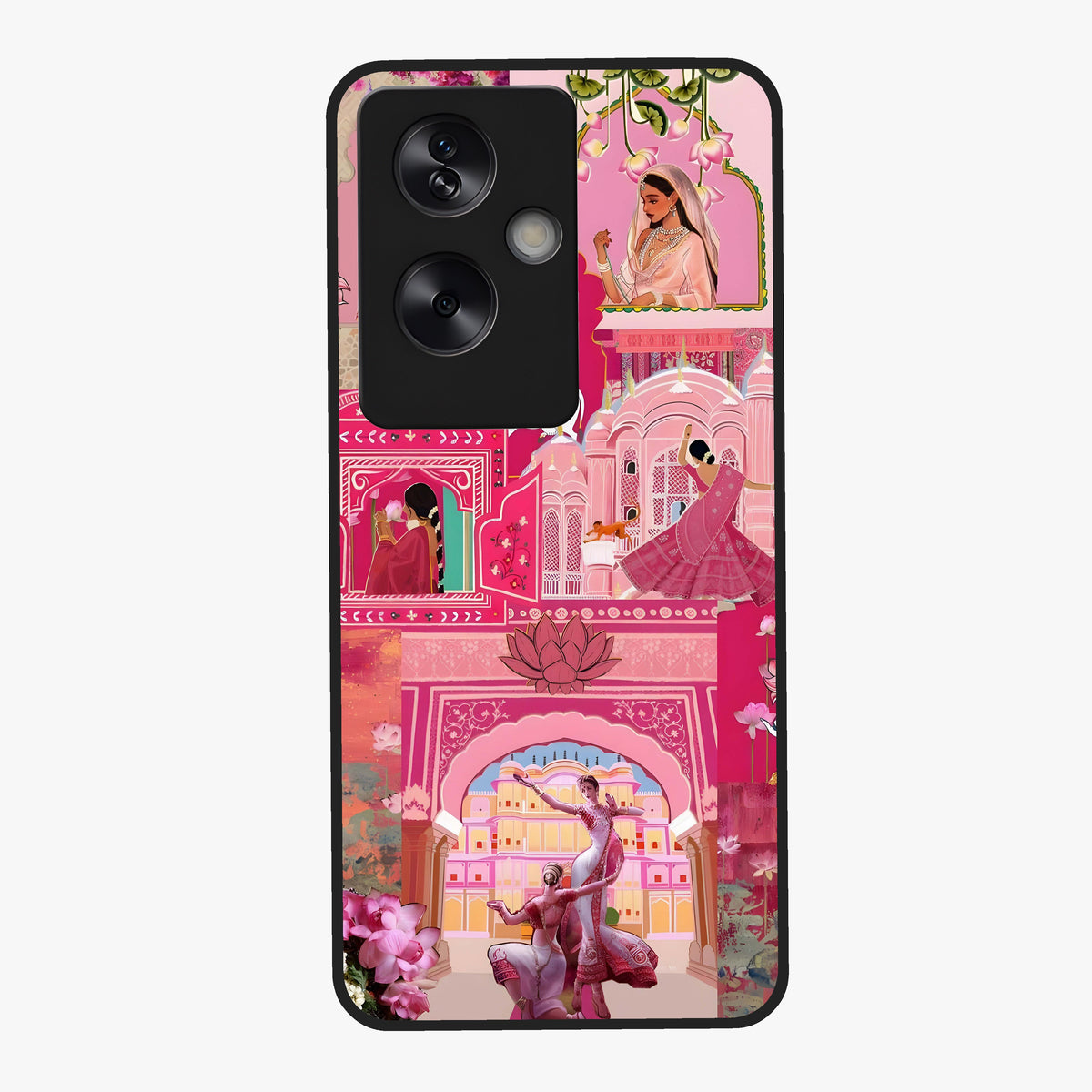 Blossoms of Rajasthan Glass Case showing flat back view with traditional floral artwork inspired by Rajasthan and glossy glass finish.