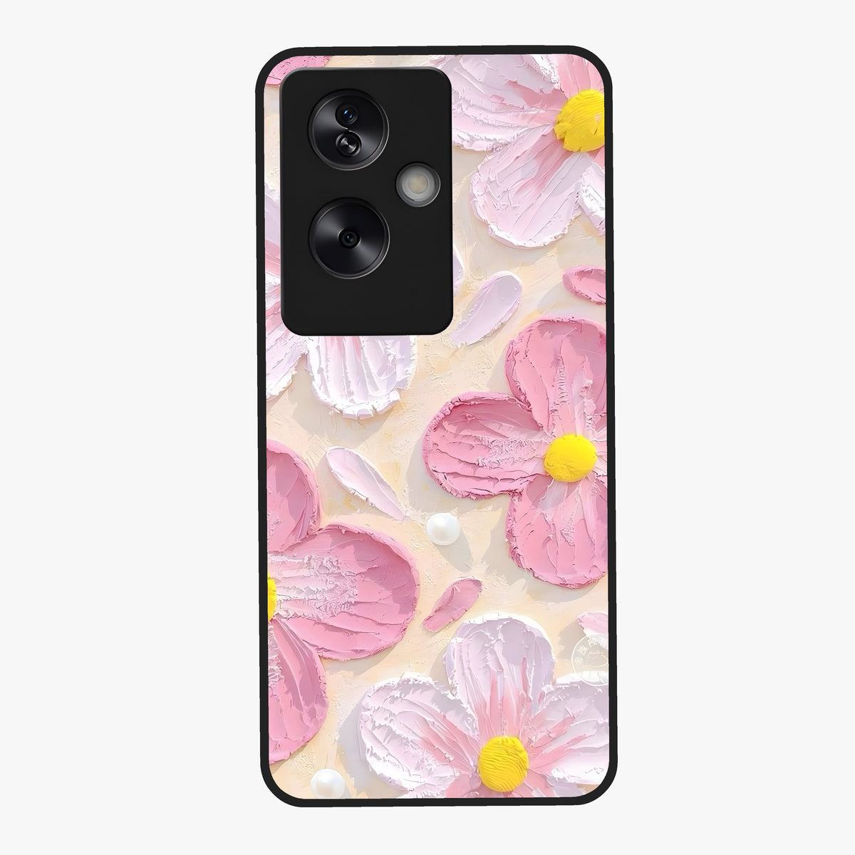 Blush Bloom Texture Glass Case showing flat back view with soft blush floral texture artwork and glossy glass finish.