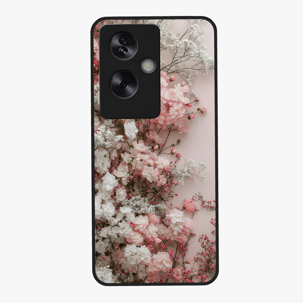 Blush Blossom Cloud Glass Case showing flat back view with dreamy blush cloud blossom artwork and glossy glass finish.